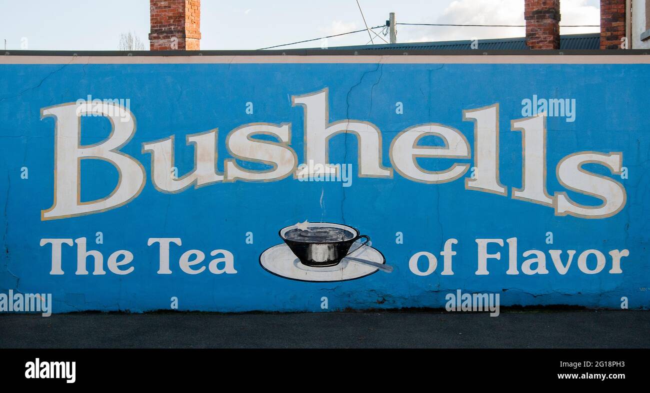 Murale pubblicitario di decenni per l'iconico marchio Bushells Tea, Longford, Tasmania, Australia Foto Stock