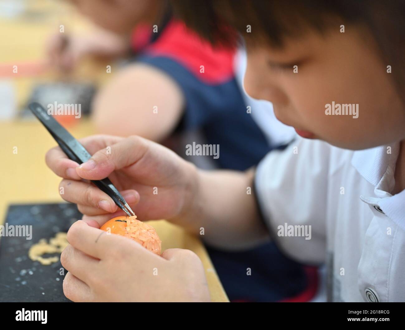 (210606) -- FUZHOU, 6 giugno 2021 (Xinhua) -- UNO studente fa l'artigianato del riso di Jailou con il modello di persimmon in una scuola primaria nel distretto di Changle della città di Fuzhou, la provincia di Fujian della Cina sudorientale, 21 maggio 2021. L'artigianato del riso di Jailou, un mestiere che realizza opere d'arte tridimensionali con grani di riso, è un'arte popolare in pericolo nel villaggio di Jailou di Fuzhou con una storia di circa 100 anni. Chen Guorui, nato nel 1987, ha deciso di rilanciare l'artigianato dopo essersi laureato in un college di arte industriale. Ha consultato anziani locali e ha continuato ad esplorare, utilizzando tecnologie di colorazione e antissepsi. Ora Foto Stock