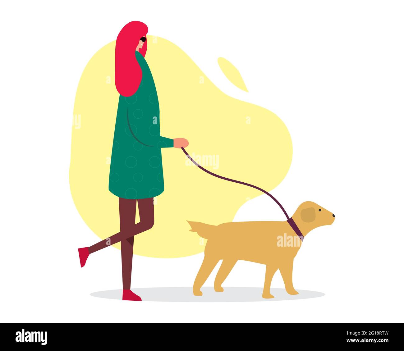 donna cieca che cammina con l'illustrazione del vettore del cane in stile piatto Illustrazione Vettoriale
