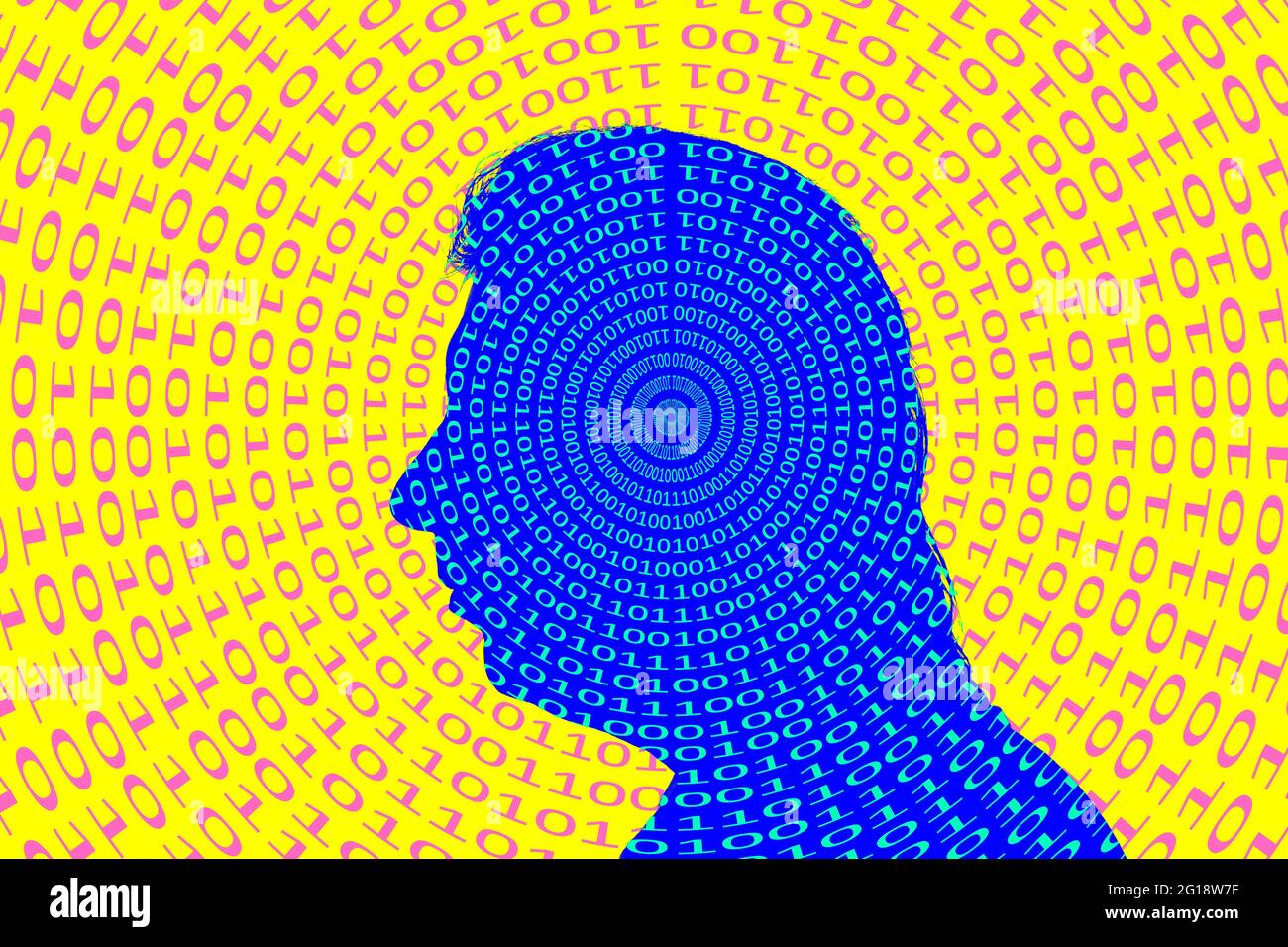 Codice binario che esce dalla testa di un uomo, illustrazione Foto Stock