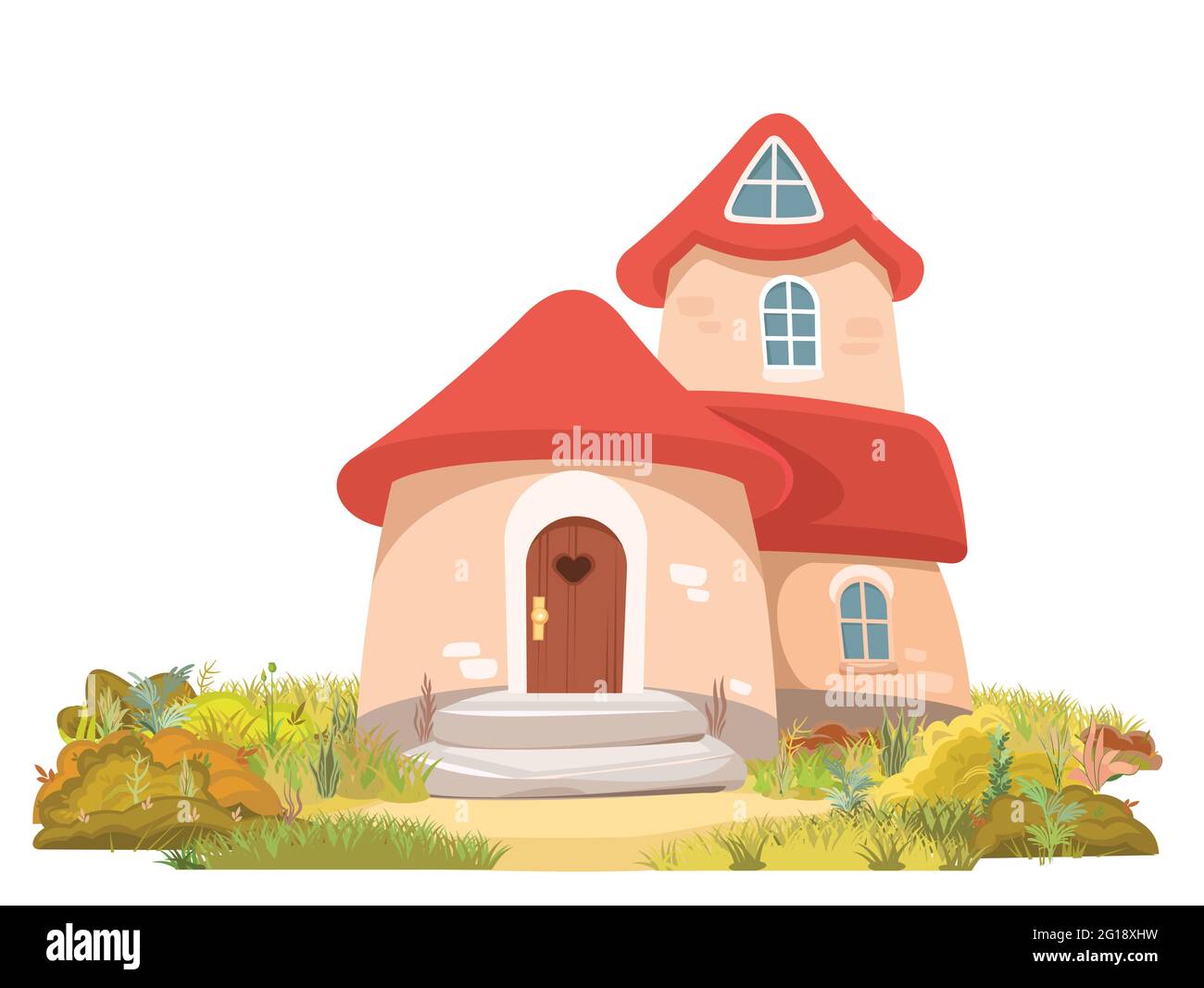 Favolosa casa divertente in chiarimento. Prato d'erba. Bella illustrazione del paesaggio cartoon. Tetto rosso. Immagine del bambino cute isolata. Vettore Illustrazione Vettoriale