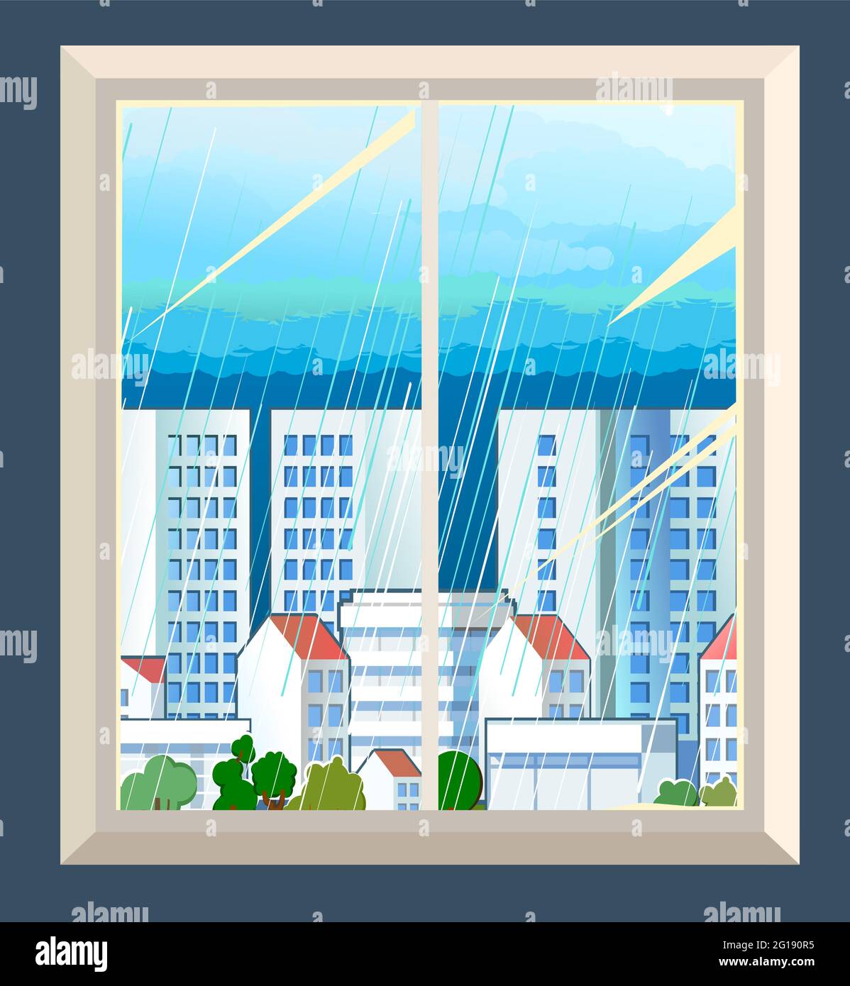 La finestra è normale. Con frammenti della parete. Vista dalla camera alla città con nuvole e pioggia. Stile piatto cartoon. Arte vettoriale Illustrazione Vettoriale