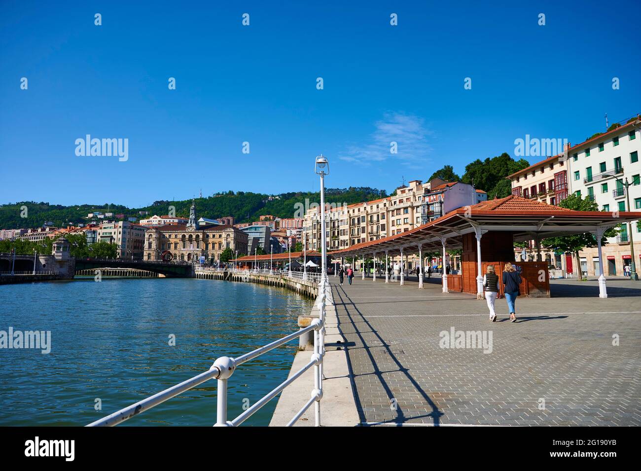 Paseo del Arenal e Municipio, fiume Nervion, Bilbao, Biscaglia, Paesi Baschi, Euskadi, Euskal Herria, Spagna, Europa Foto Stock
