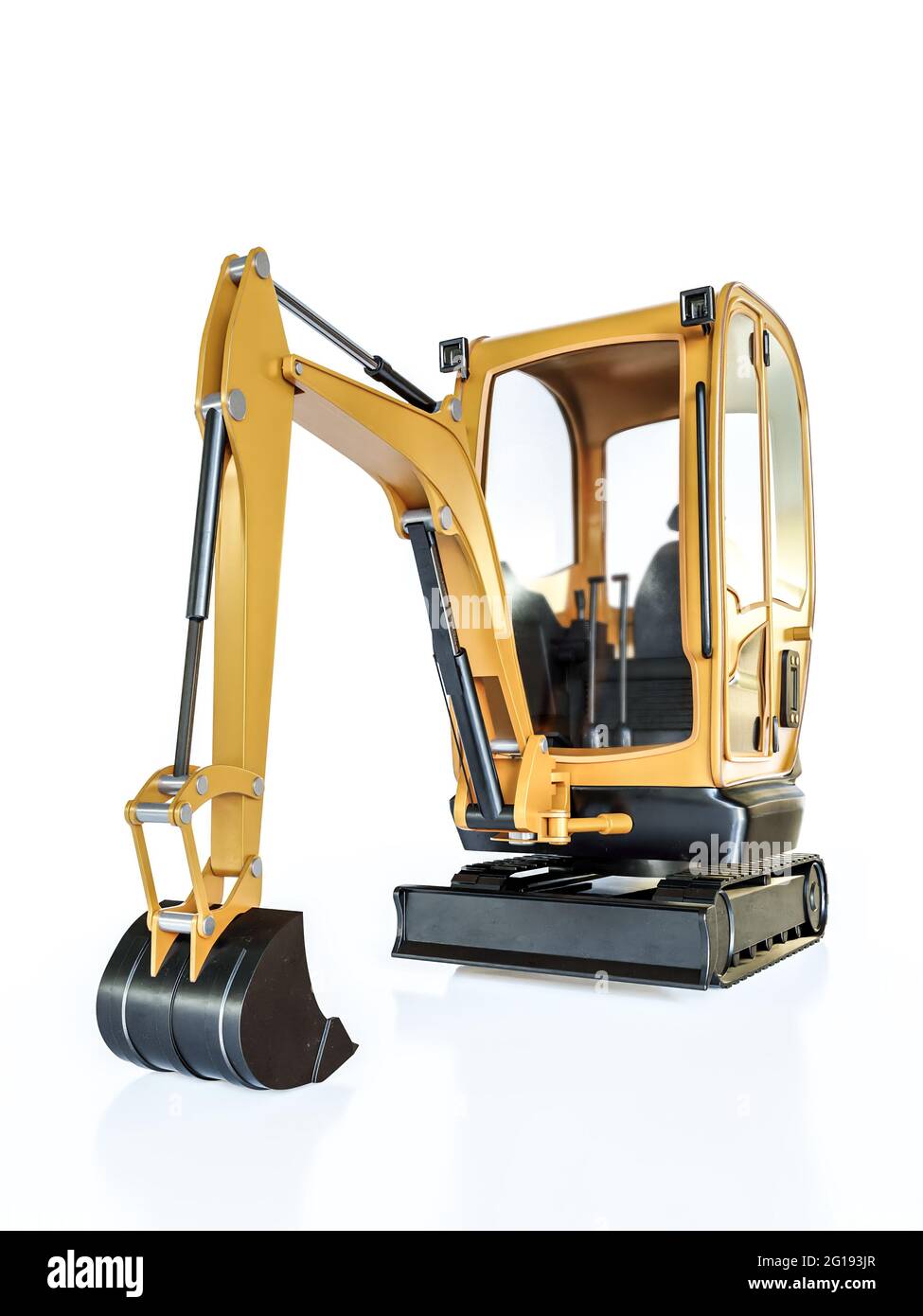 Rendering 3D dell'escavatore compatto giallo su bianco Foto Stock
