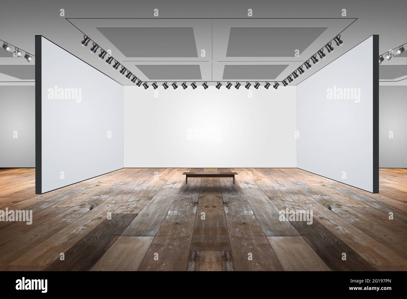 Illustrazione in 3D di un museo della Galleria con cornici classiche vuote. Facile da personalizzare Foto Stock