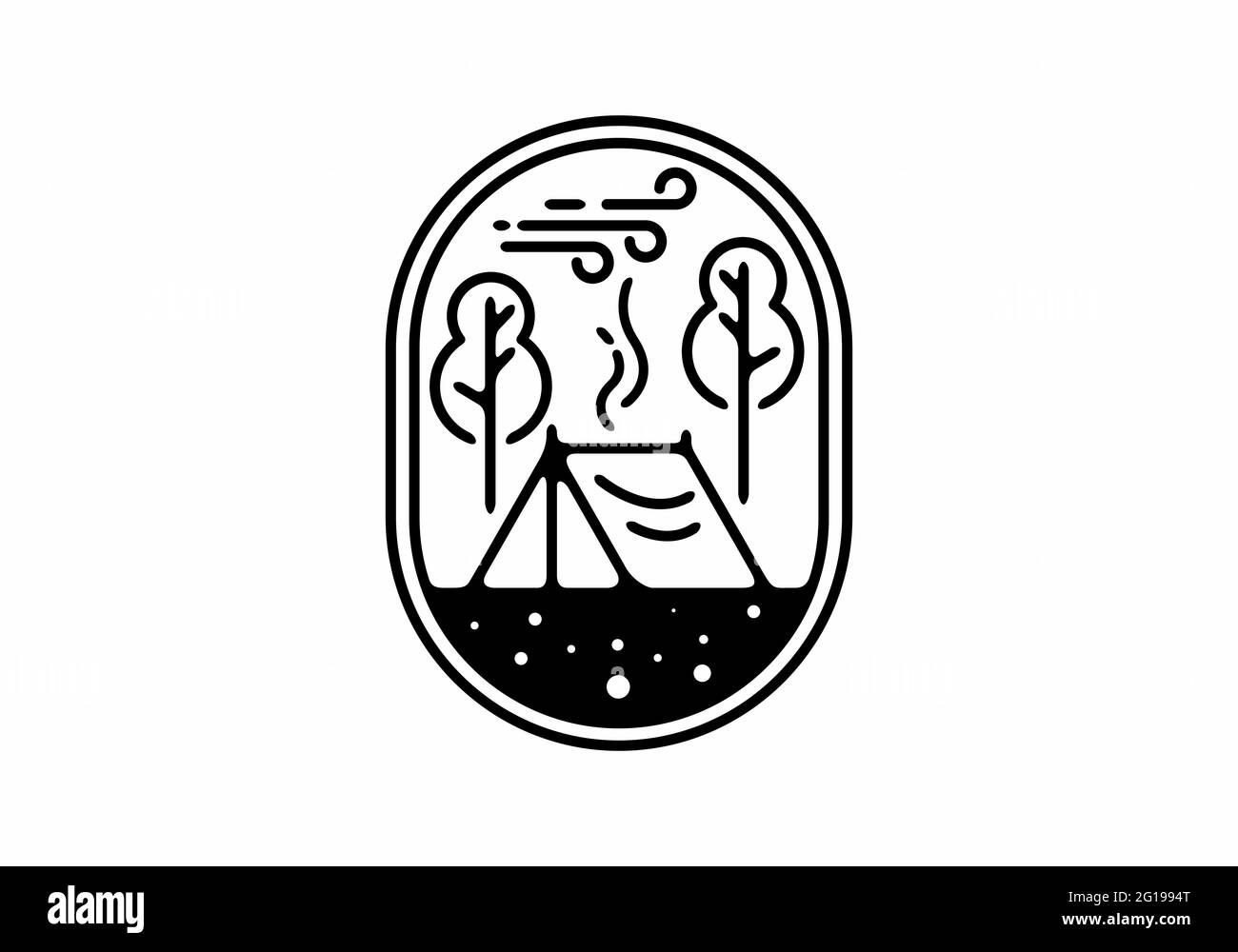 Linea d'arte del campeggio con disegno ovale del badge di forma Illustrazione Vettoriale