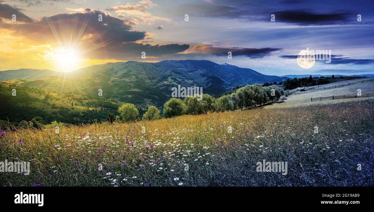 il concetto di cambiamento di giorno e di notte sopra il paesaggio rurale con prato erboso fiorente. splendido paesaggio naturale delle montagne carpazi con sole e moo Foto Stock