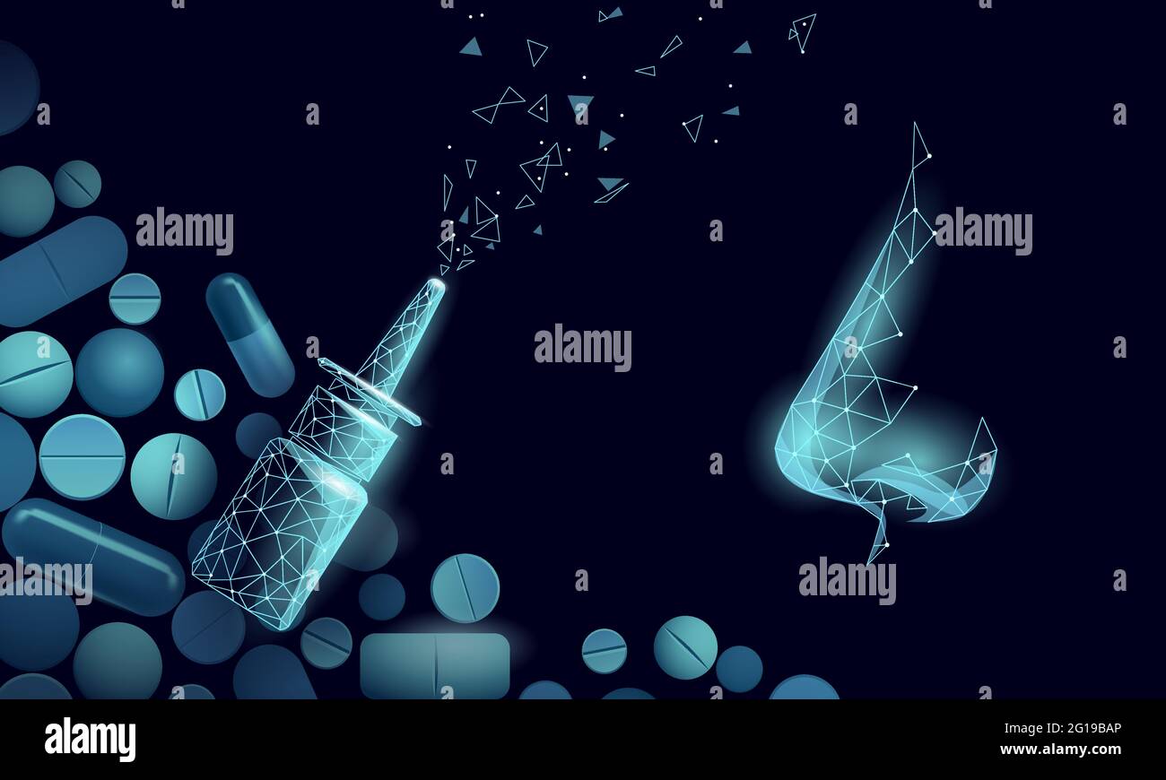 Rinite naso basso poli. Medicina di trattamento coryza. Farmacia naso che cola spray. Capsula di farmaco modello di banner disegno poligonale vettore di ricerca Illustrazione Vettoriale