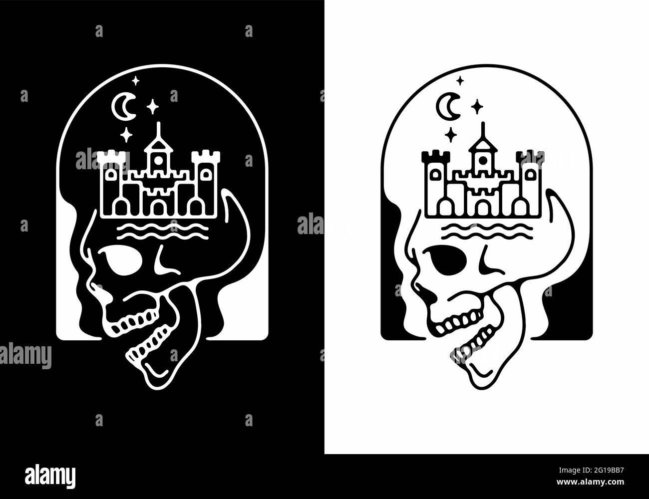Regno del disegno del badge di linea dell'arte del cranio Illustrazione Vettoriale