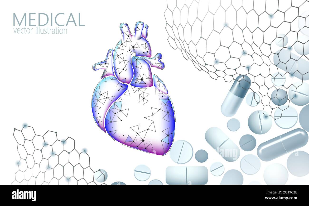 3D cuore medicina medicina di trattamento. La salute umana vascolare diagnostica sistema di organi pillola di vitamine. La cardiologia cuore proteggere il concetto. Bassa poli vettore Illustrazione Vettoriale