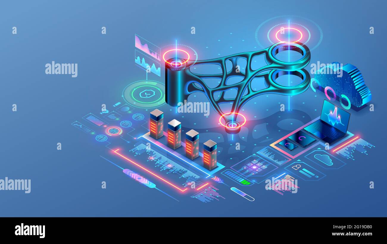 Concetto di tecnologia ingegneristica. Sistema CAD. Progettazione generativa di modelli 3d, stampa 3d di parti metalliche. Software per computer di progettazione tecnica di Illustrazione Vettoriale