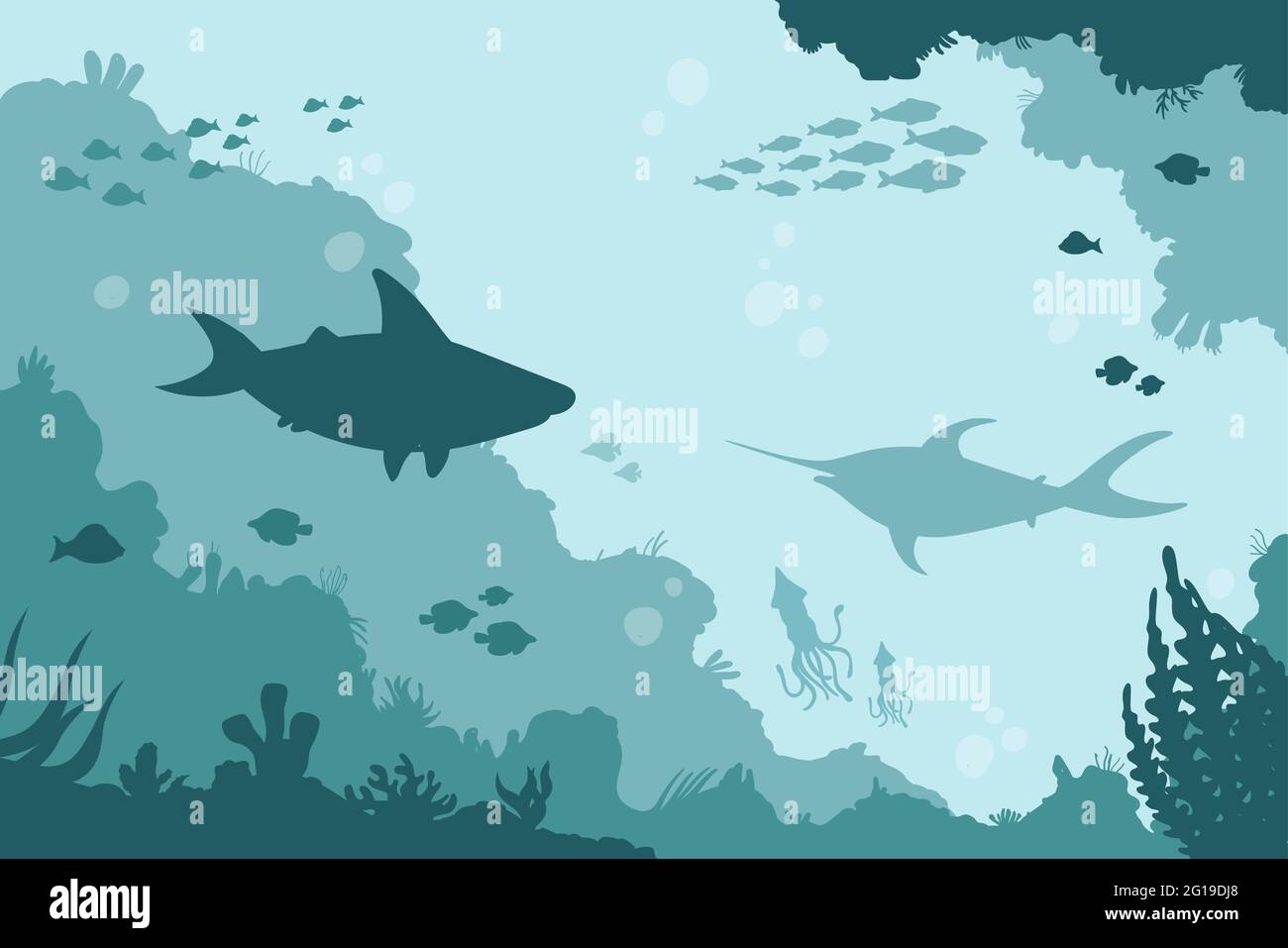 Paesaggio mondo sottomarino, mare oceano fondo vettoriale illustrazione. Cartoon blu tropicale sottomarino scenario con squalo, pesce spada e calamari, scuola di pesce in barriere coralline, alghe di mare acqua piante sfondo Illustrazione Vettoriale