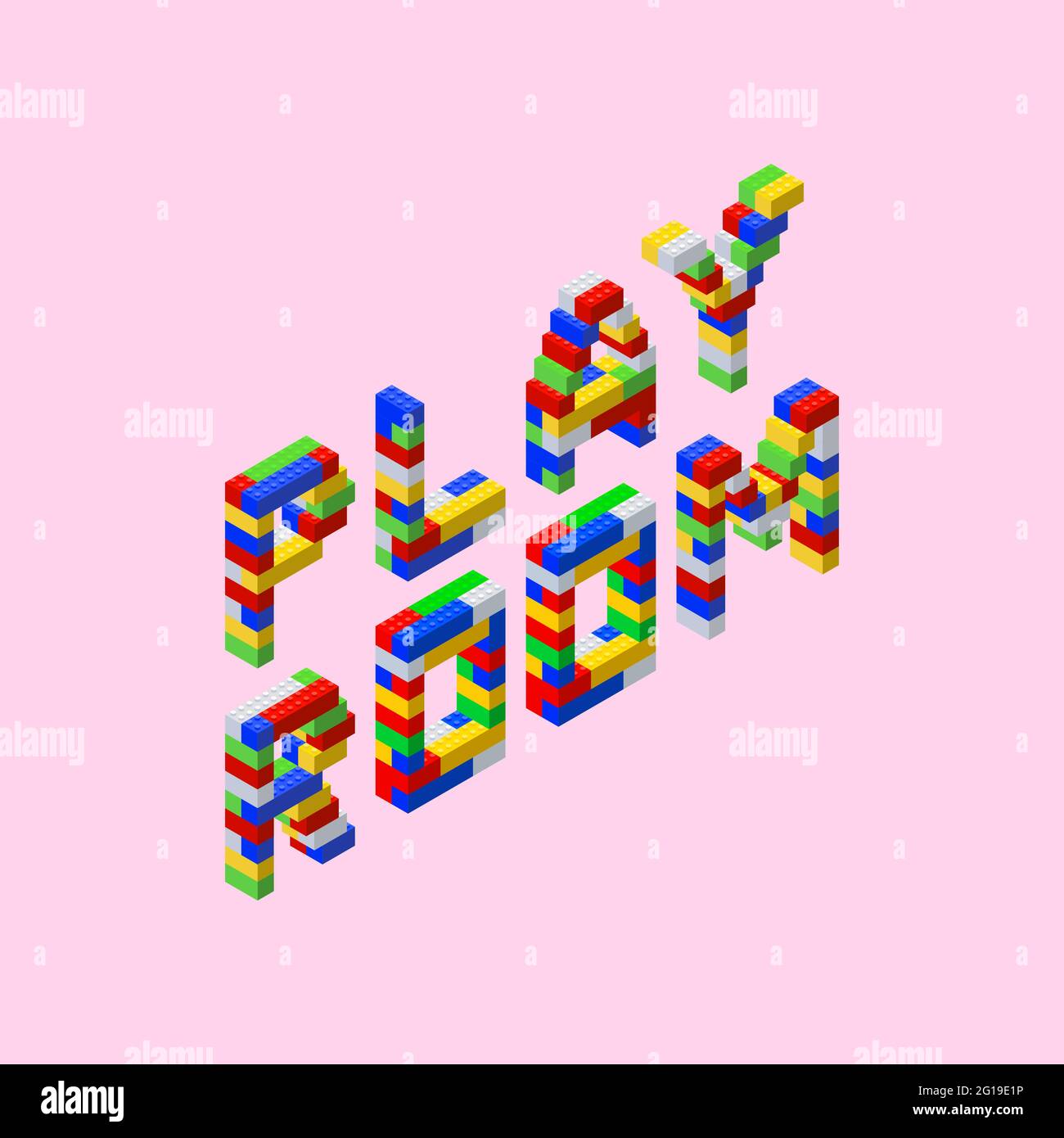 Phrase - Playroom - lettere costituite da blocchi di plastica colorati in stile isometrico su sfondo rosa. Illustrazione vettoriale. Illustrazione Vettoriale