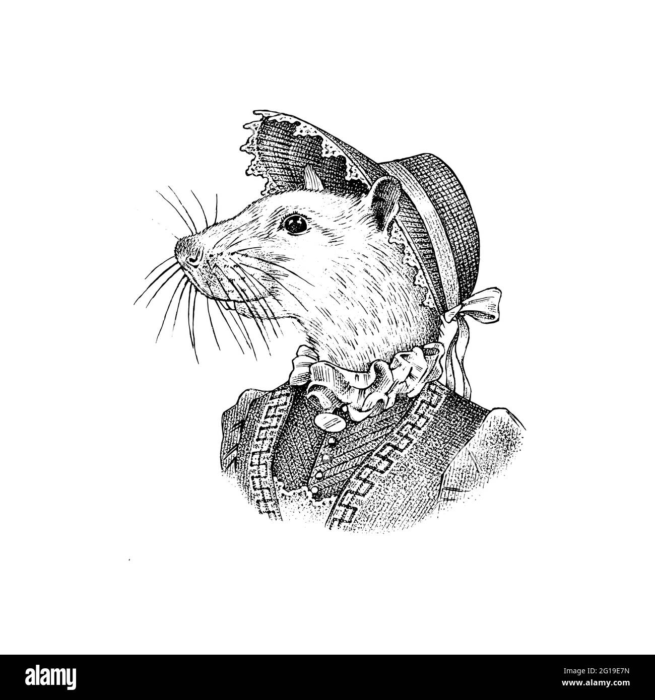 Mouse bianco con cappello e tuta. Donna o donna vittoriana. Carattere animale di moda. Immagine vettoriale incisa per etichetta, logo, T-shirt o tatuaggio Illustrazione Vettoriale
