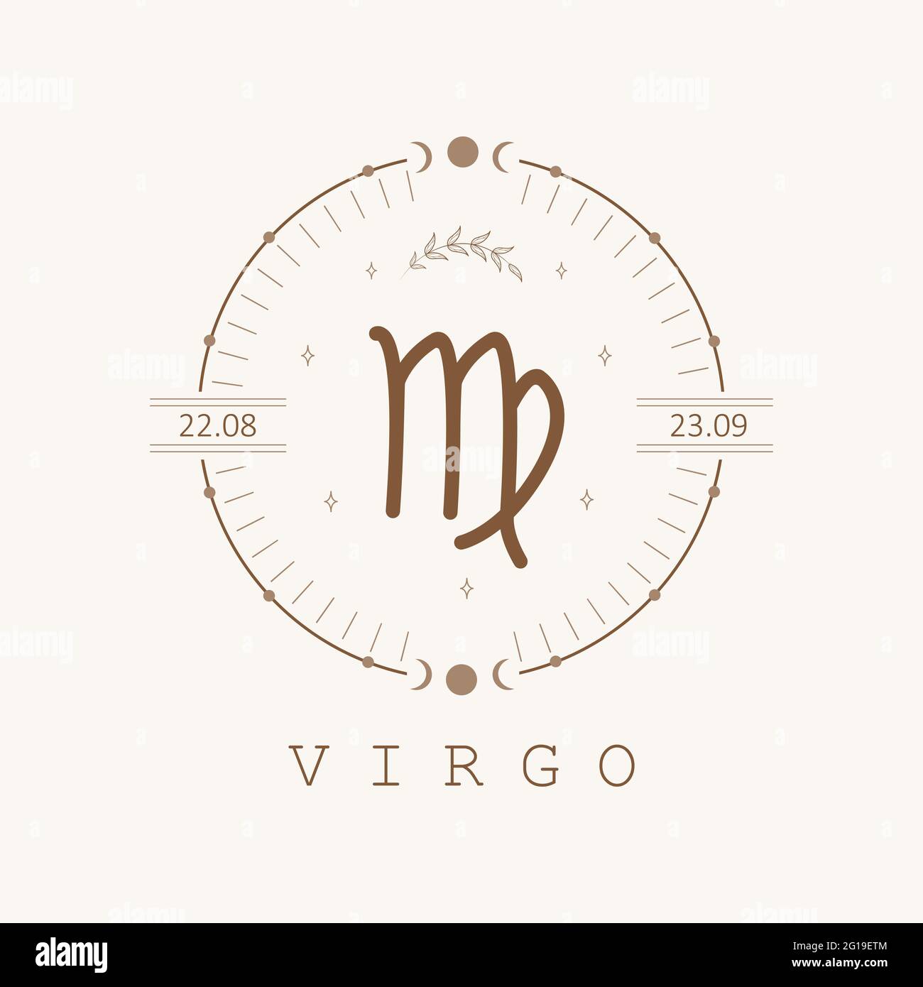 Virgo. Segno zodiacale in stile boho. Icona astrologica isolata su sfondo bianco. Mistero ed esoterico. Immagine vettoriale del logo dell'oroscopo. Spirituale Illustrazione Vettoriale