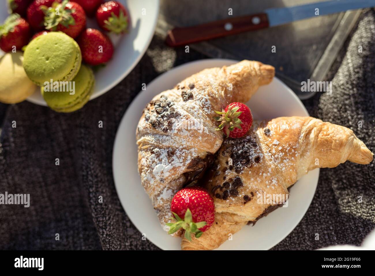 Picnic estivo in natura con croissant al cioccolato, fragole fresche e macaron colorati su piatti bianchi Foto Stock