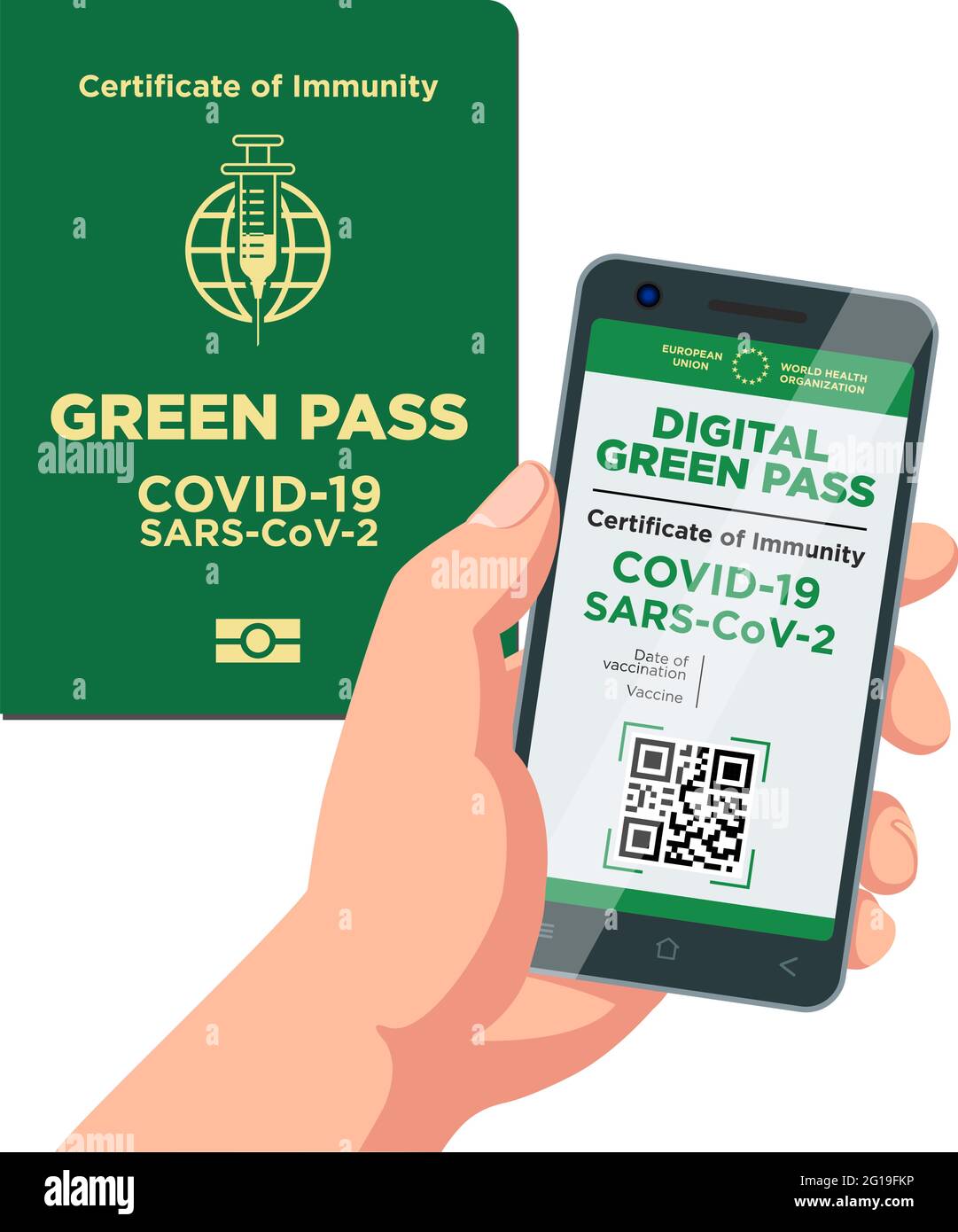 Vaccinazione digitale e carta immune Green Passport. Viaggio di sicurezza dopo la pandemia di Covid-19. Vettore su sfondo trasparente Illustrazione Vettoriale