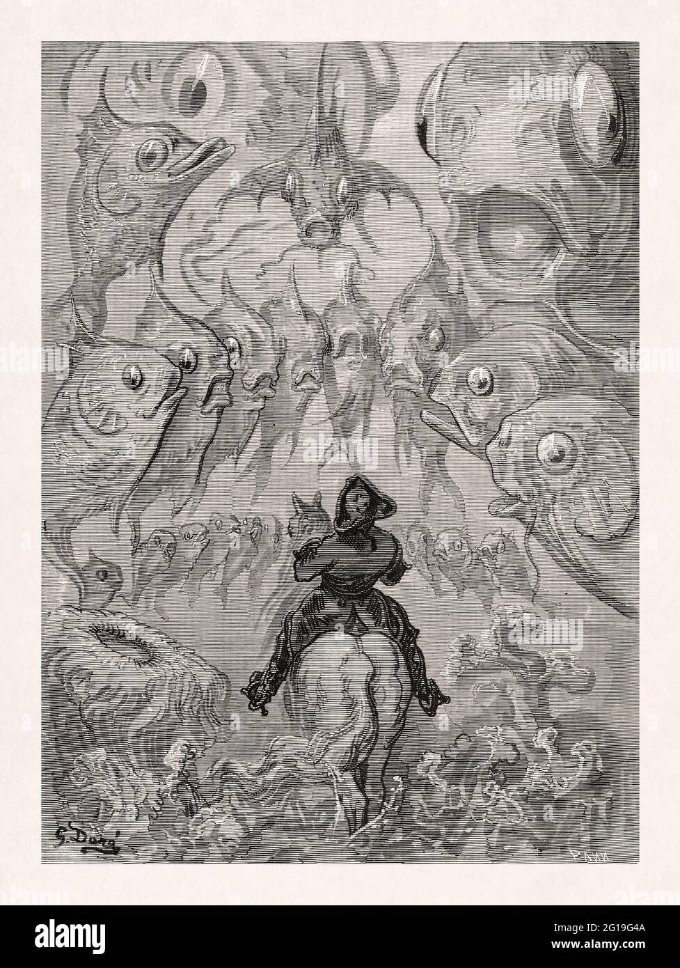 Disegno del Barone Munchausen realizzato nel 1862 da Gustave Doré per illustrare la nuova edizione del libro Barone Munchausen Foto Stock