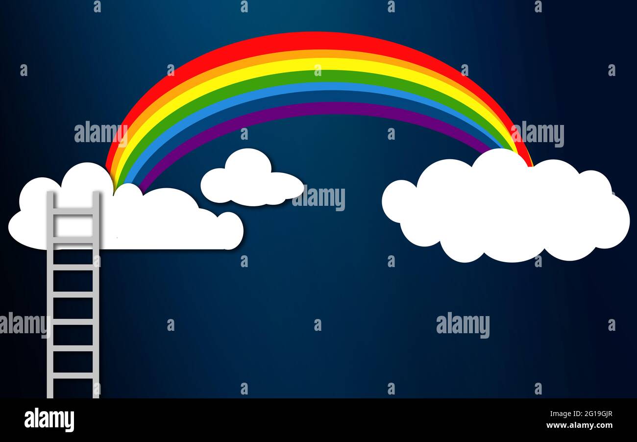 Scala per arcobaleno e nuvole nel cielo, rendering 3D Foto Stock