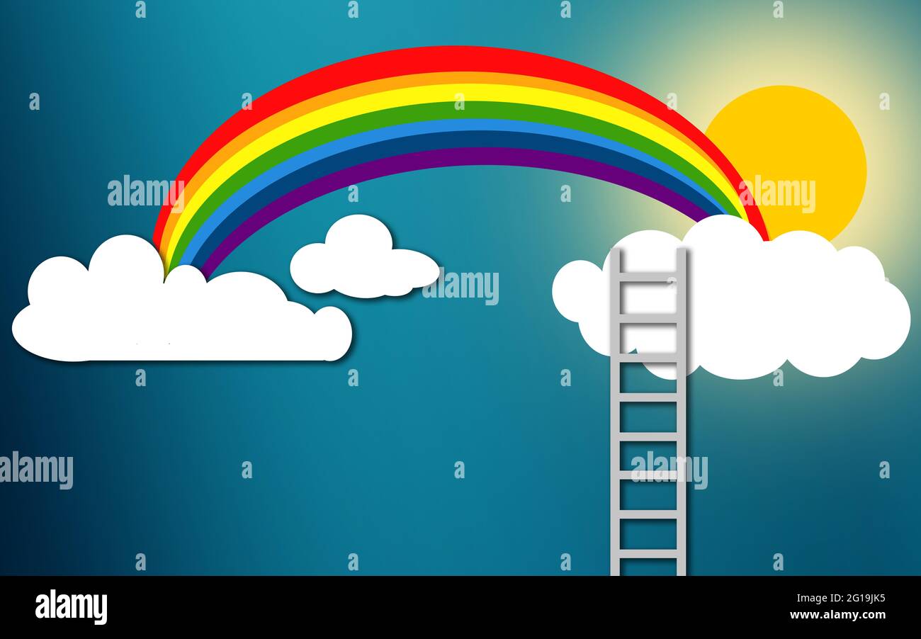 Scala per arcobaleno e nuvole nel cielo, rendering 3D Foto Stock