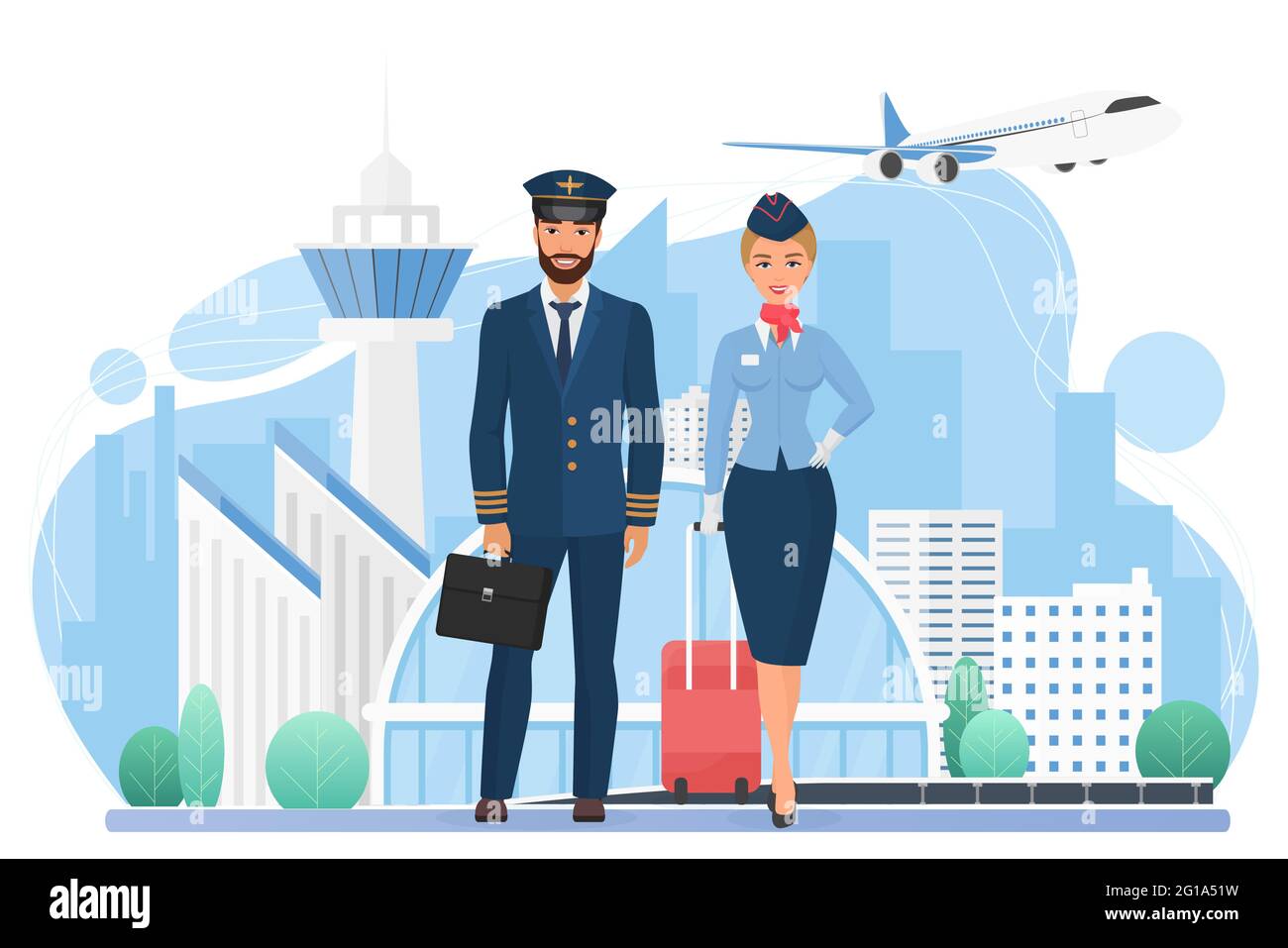 Equipaggio di aeromobili persone in moderno aeroporto vettore illustrazione. Cartoon stewardess e personaggi pilota in piedi insieme, le compagnie aeree internazionali servono persone che tengono borse di viaggio isolate su bianco Illustrazione Vettoriale