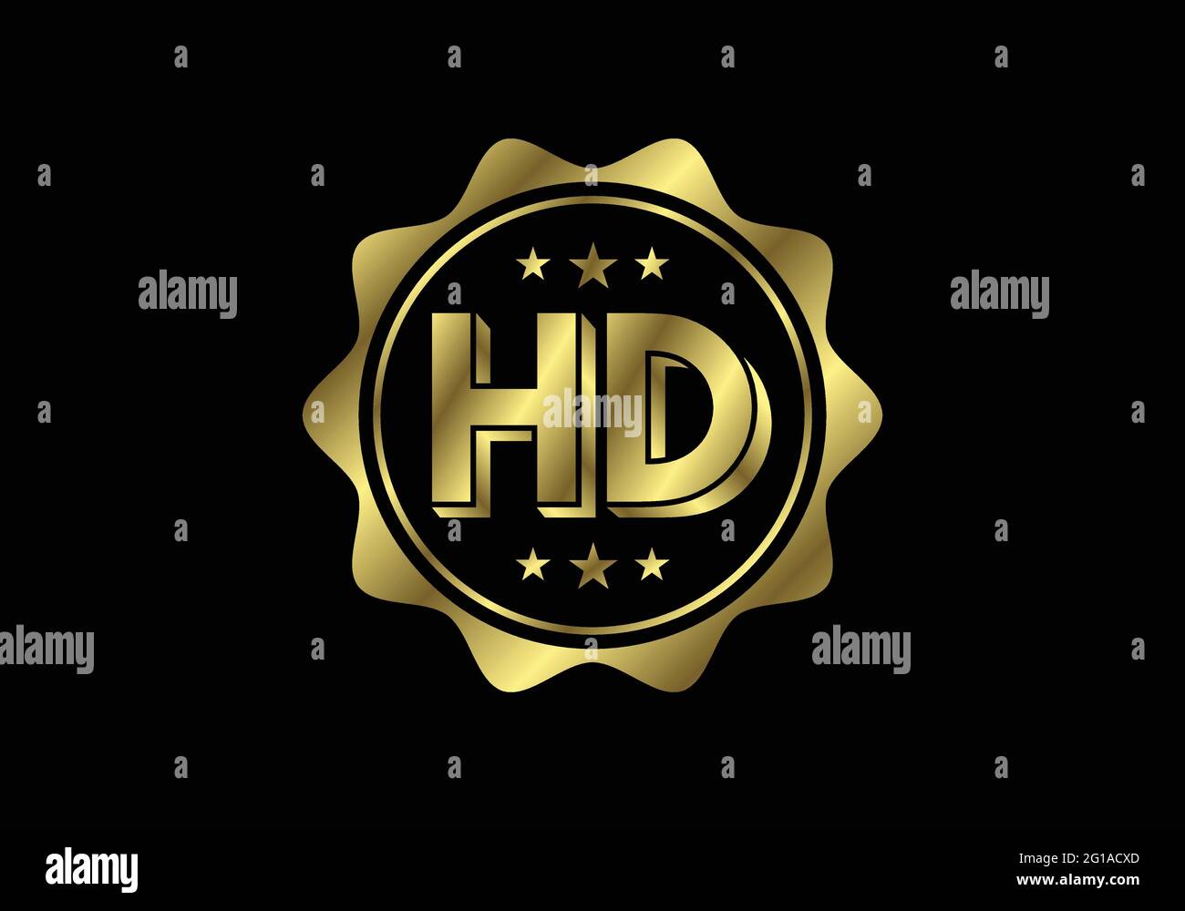 Logo dell'icona della risoluzione video HD dorata, etichetta del display del monitor TV/videosorveglianza ad alta definizione, pulsante Web etichetta HD. Illustrazione Vettoriale