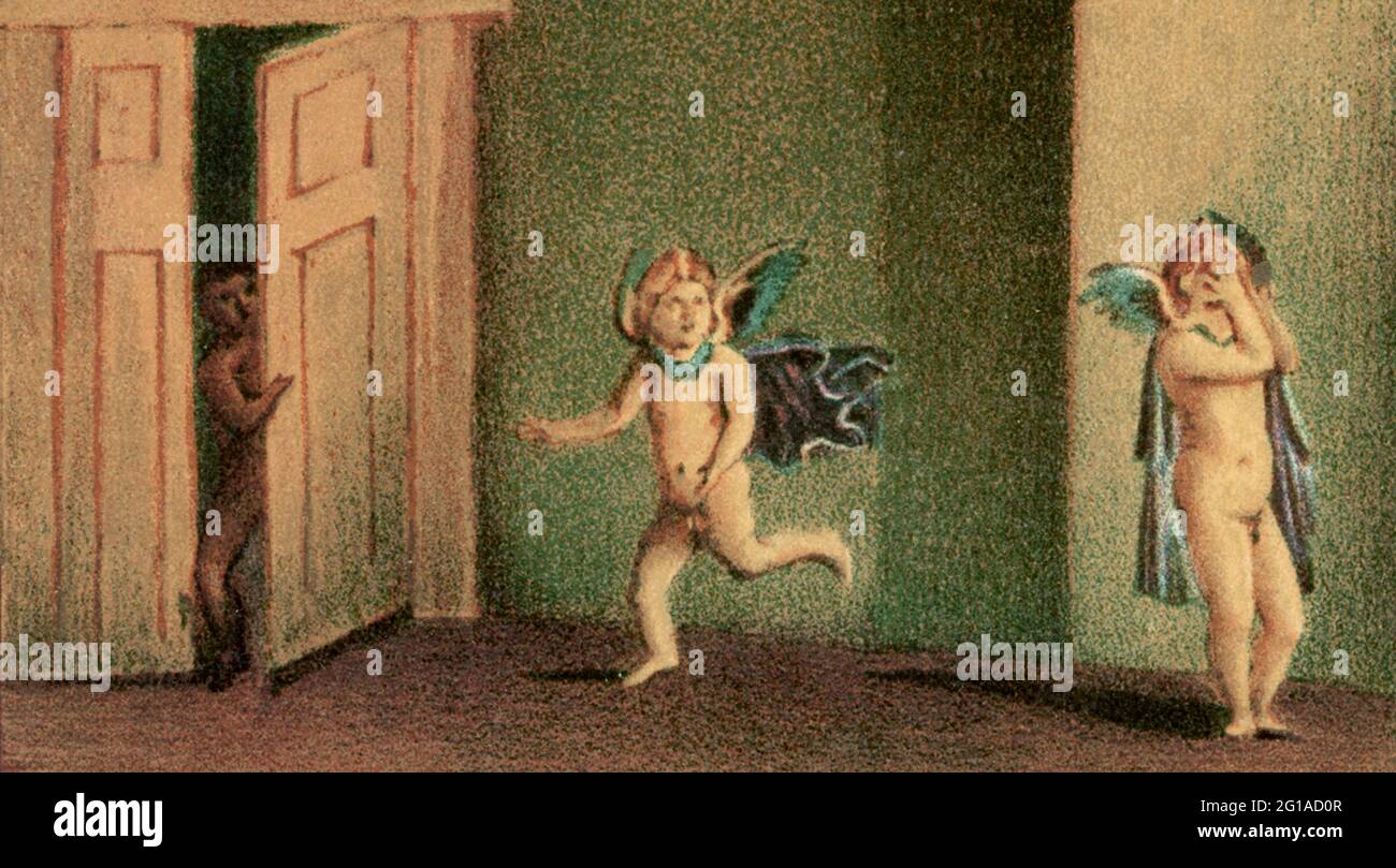 Questa illustrazione del 1880 di un dipinto da parete scoperto a Pompei mostra che i cupids giocano un gioco di Hide and Seek. Pompei fu una fiorente e sofisticata città romana che fu sepolta sotto metri di cenere e pomice dopo l'eruzione del Vesuvio nel 79 d.C. Foto Stock