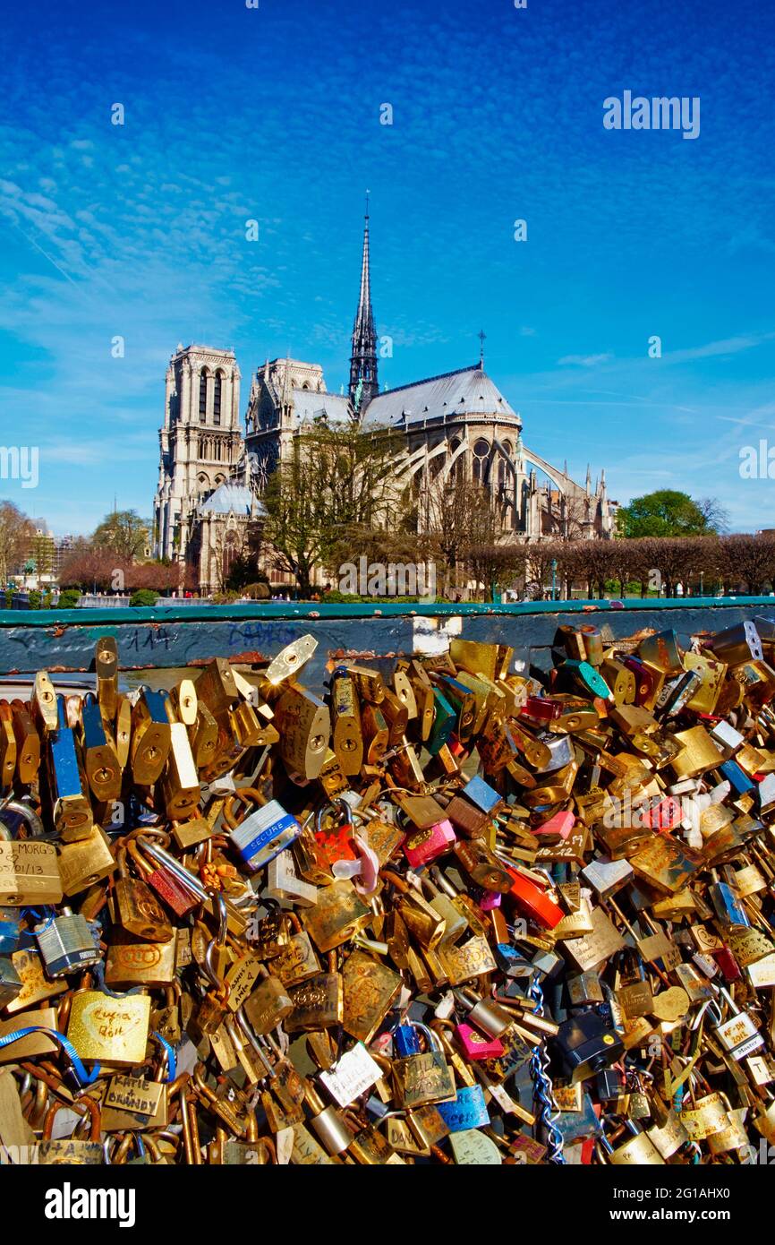 Francia, Parigi, Cattedrale di Notre Dame dal ponte di Archeveche, lovers lucchetto Foto Stock