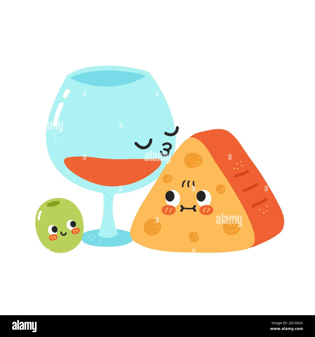 Carino divertente bicchiere di vino Kiss formaggio. Icona raffigurante il carattere kawaii del fumetto disegnato a mano del vettore. Isolato su sfondo bianco. Vino rosso, formaggio e cartone animato d'oliva concetto di carattere Illustrazione Vettoriale