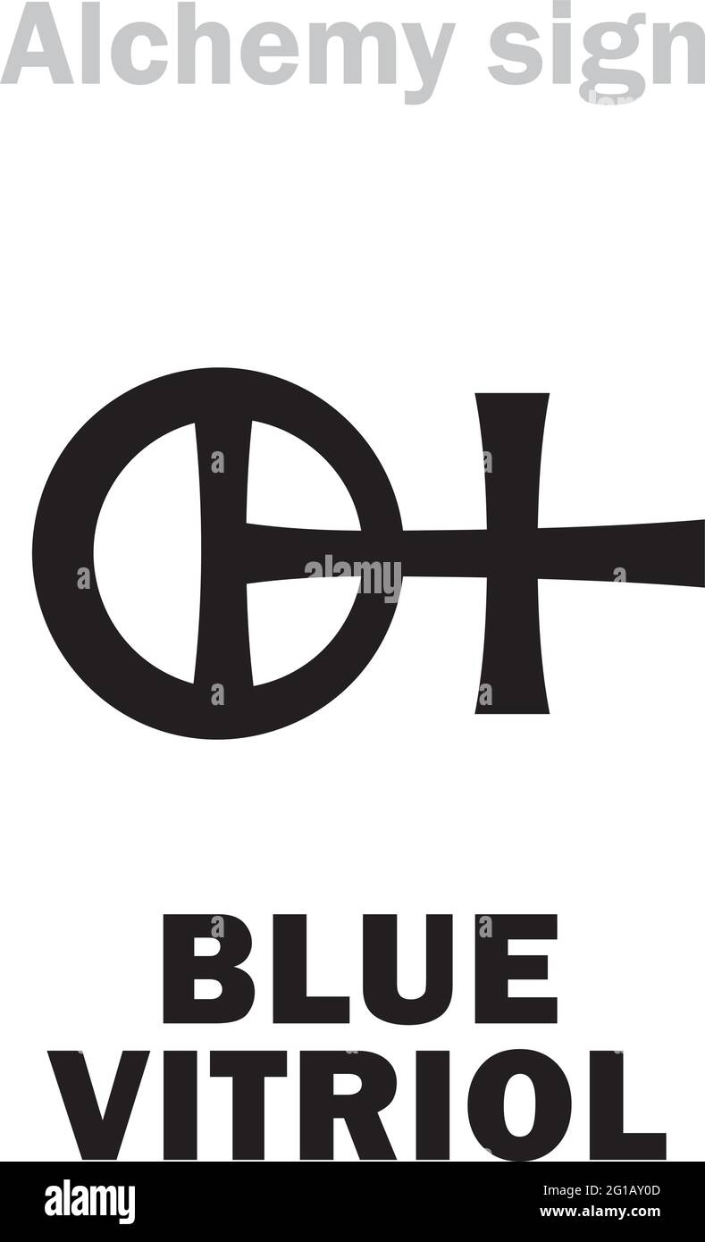 Alchimia Alfabeto: VITRIOLO BLU (Vitriolo cuprico, Vitriolo di Cipro), Copperas di Cuprum, Vitriolo romano, Bluestone. Solfato di rame: [CuSO₄•5H₂O]. Illustrazione Vettoriale