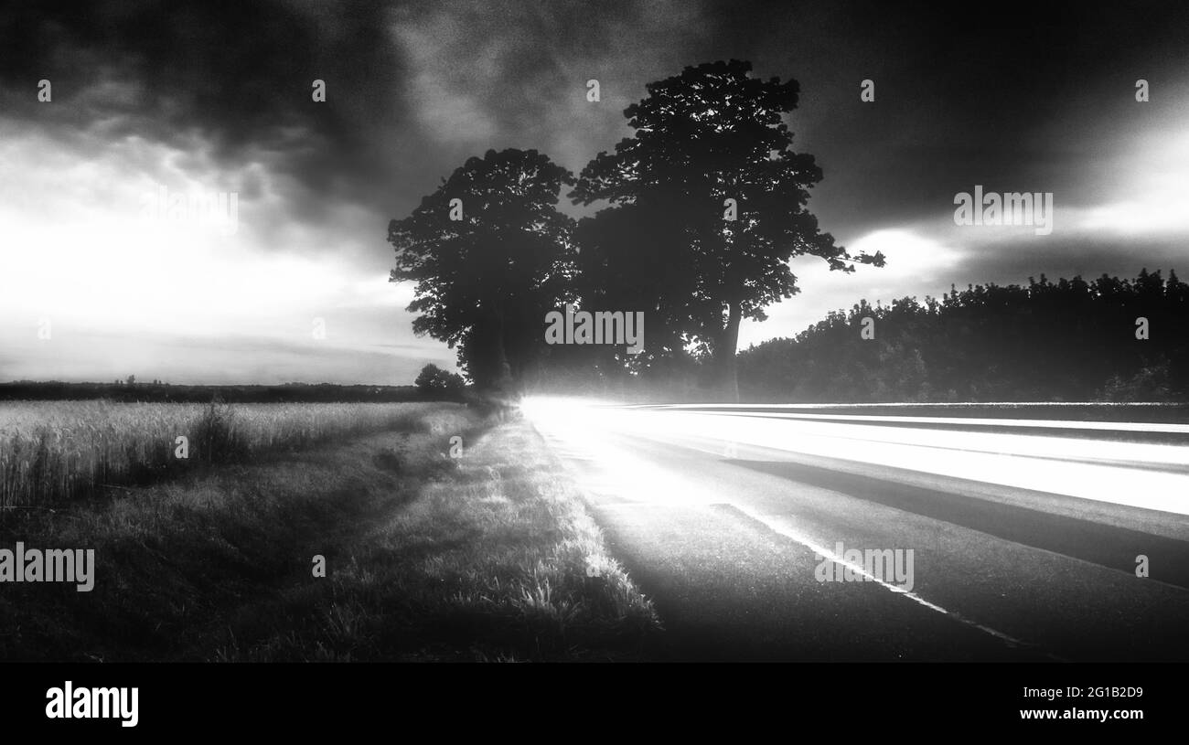 Campi e prati all'alba lungo una strada vuota in mezzo al nulla - su una strada di campagna in una calda giornata estiva di prima mattina. Foto Stock