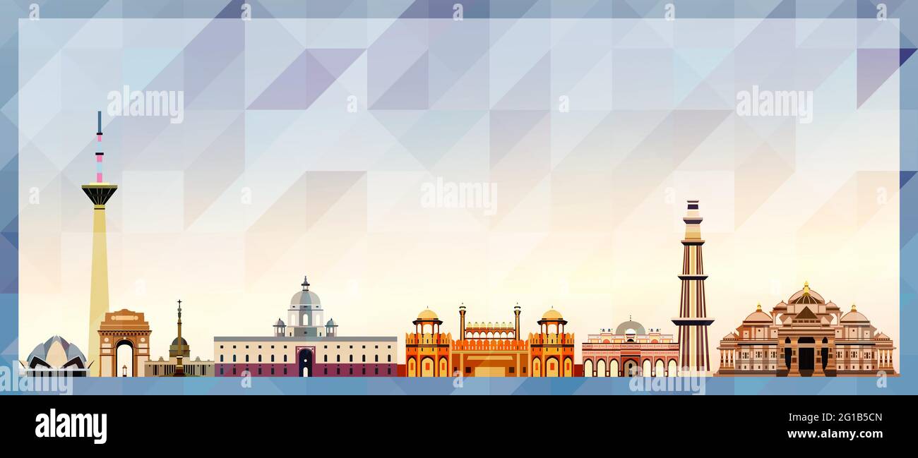 Poster colorato vettore skyline di Delhi su uno sfondo di bella texture triangolare Illustrazione Vettoriale
