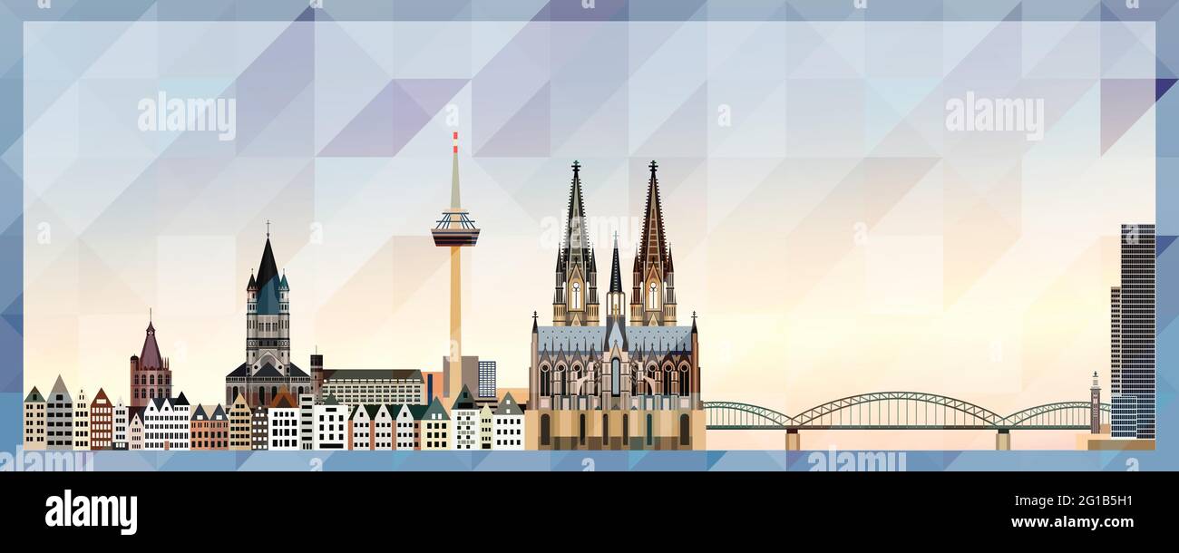 Poster colorato dello skyline di Colonia su uno sfondo a struttura triangolare Illustrazione Vettoriale
