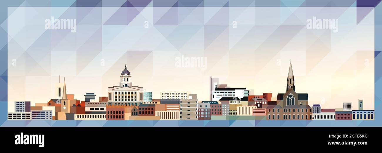 Poster colorato vettore skyline di Nottingham su uno sfondo a struttura triangolare Illustrazione Vettoriale