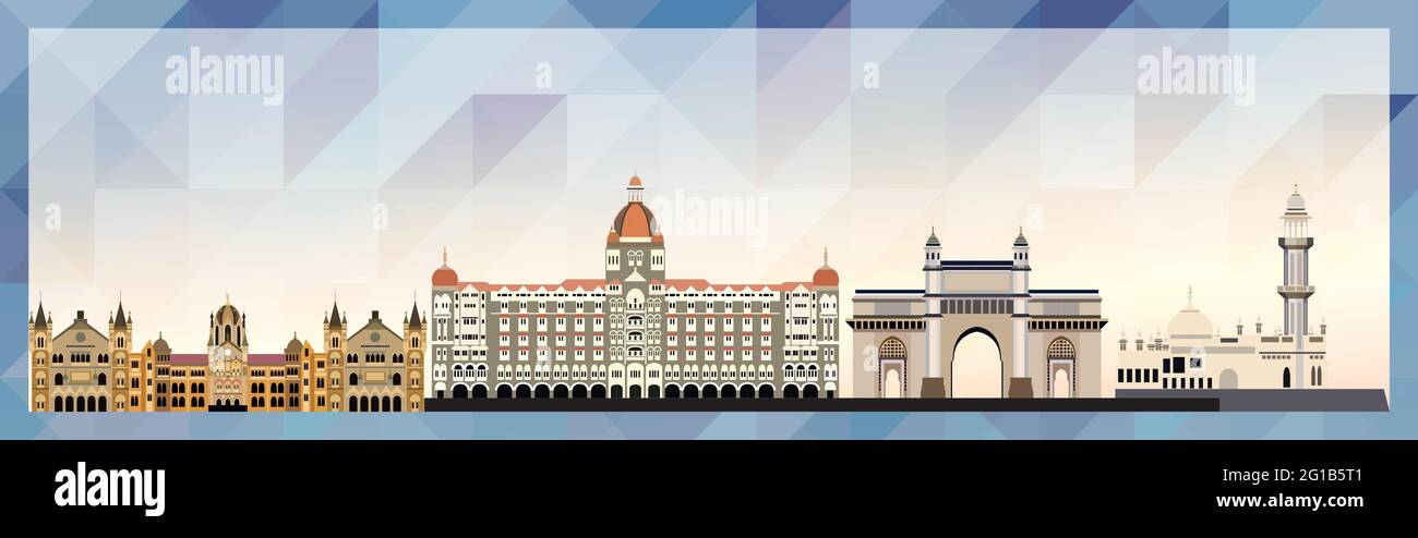 Poster colorato dello skyline di Mumbai su uno sfondo a struttura triangolare Illustrazione Vettoriale