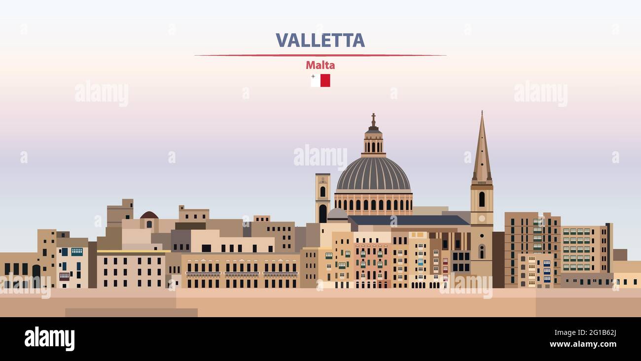 Valletta paesaggio urbano al tramonto cielo sfondo vettore illustrazione con il nome della città e del paese e con bandiera di Malta Illustrazione Vettoriale