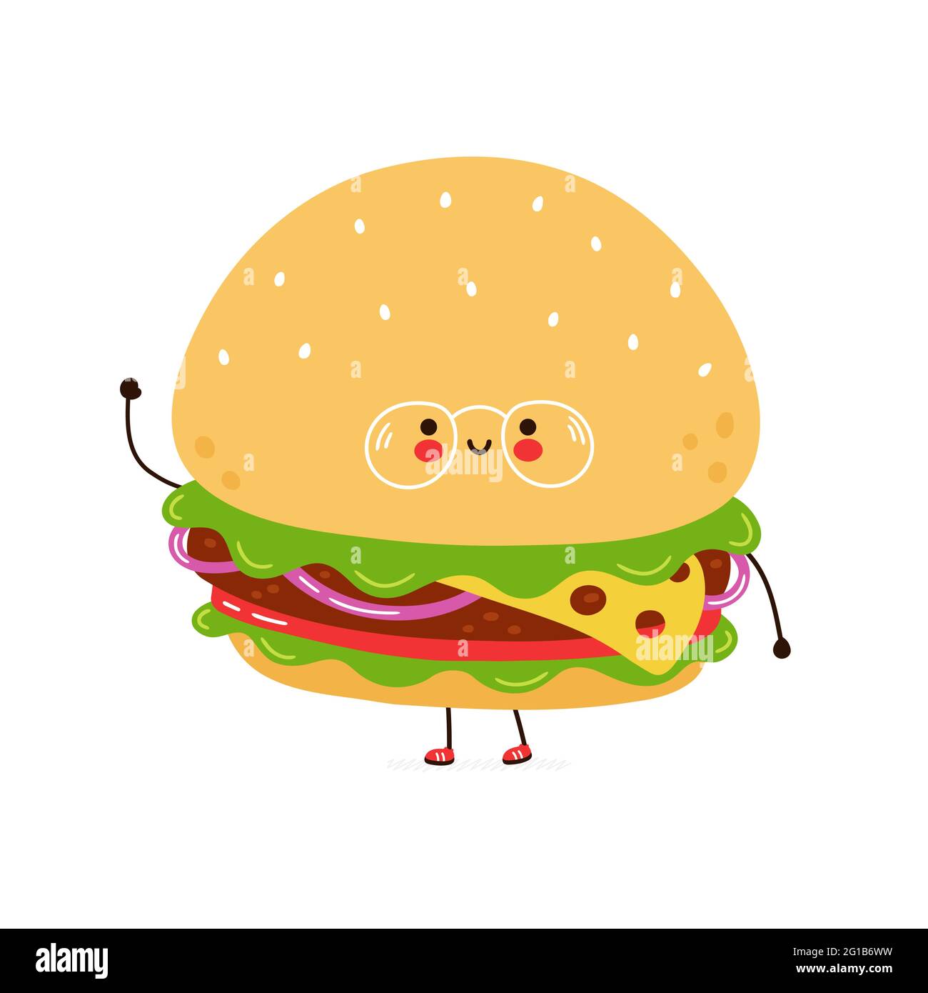 Simpatico hamburger divertente in caratteri bicchieri. Icona raffigurante il carattere kawaii del fumetto disegnato a mano del vettore. Isolato su sfondo bianco. Concetto di carattere Burger Illustrazione Vettoriale