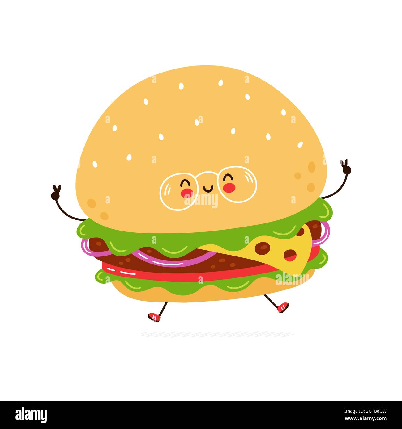 Simpatico hamburger divertente in caratteri bicchieri. Icona raffigurante il carattere kawaii del fumetto disegnato a mano del vettore. Isolato su sfondo bianco. Concetto di carattere Burger Illustrazione Vettoriale