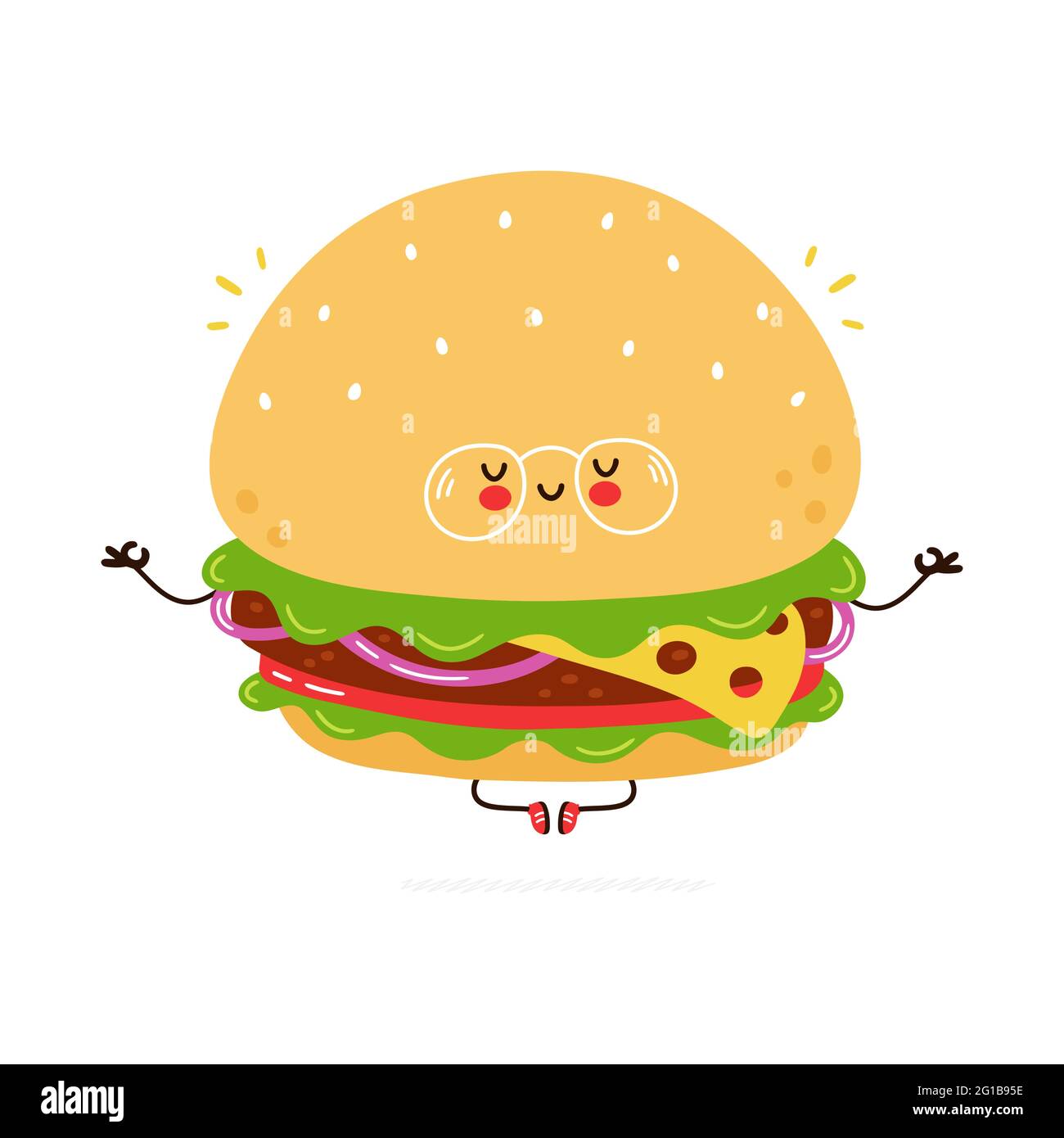 Simpatico hamburger divertente in bicchieri di carattere meditate. Icona raffigurante il carattere kawaii del fumetto disegnato a mano del vettore. Isolato su sfondo bianco. Concetto di carattere Burger Illustrazione Vettoriale