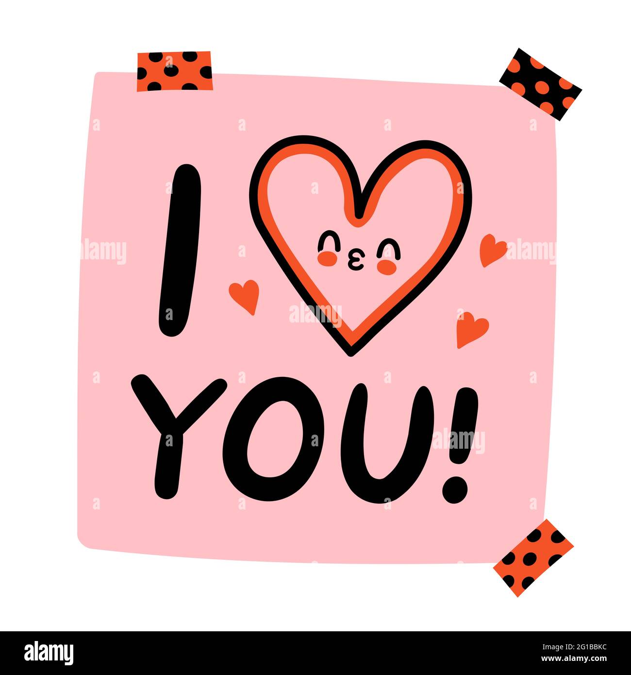 Ti amo citare. Carino nota di carta divertente con il carattere del bacio del cuore. Icona dell'illustrazione kawaii del fumetto disegnato a mano del vettore. Nota cartacea, adesivo, scheda, poster Illustrazione Vettoriale