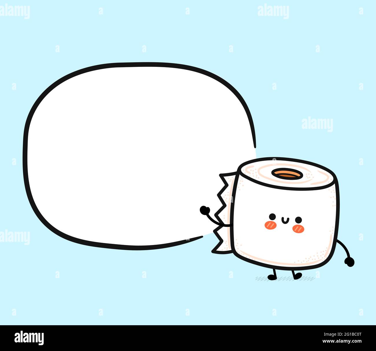 Carino divertente rotolo di carta igienica bianca felice con casella di testo. Icona raffigurante il carattere kawaii del fumetto disegnato a mano del vettore. Divertente cartone animato carta igienica mascotte concetto di carattere Illustrazione Vettoriale