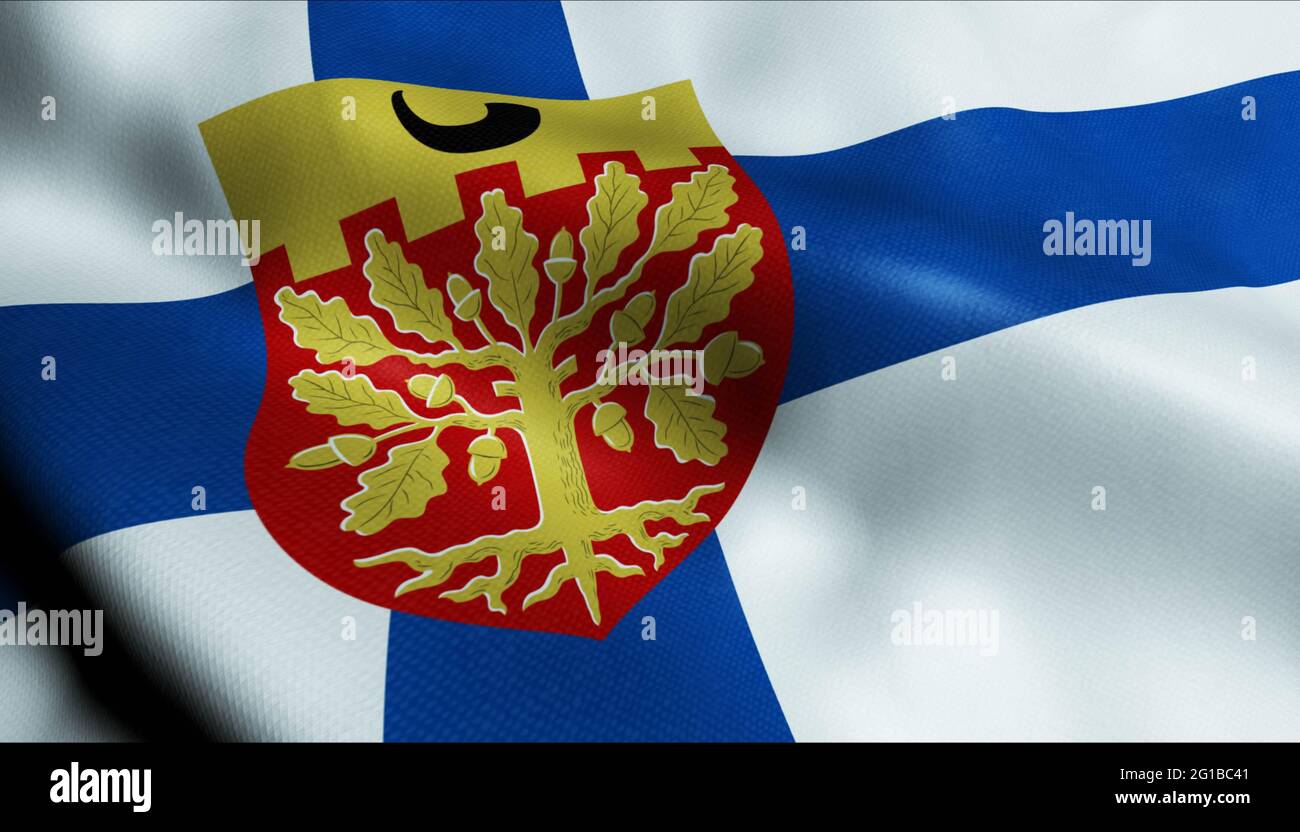 Illustrazione 3D di una bandiera sventolante della città finlandese di Salo Foto Stock
