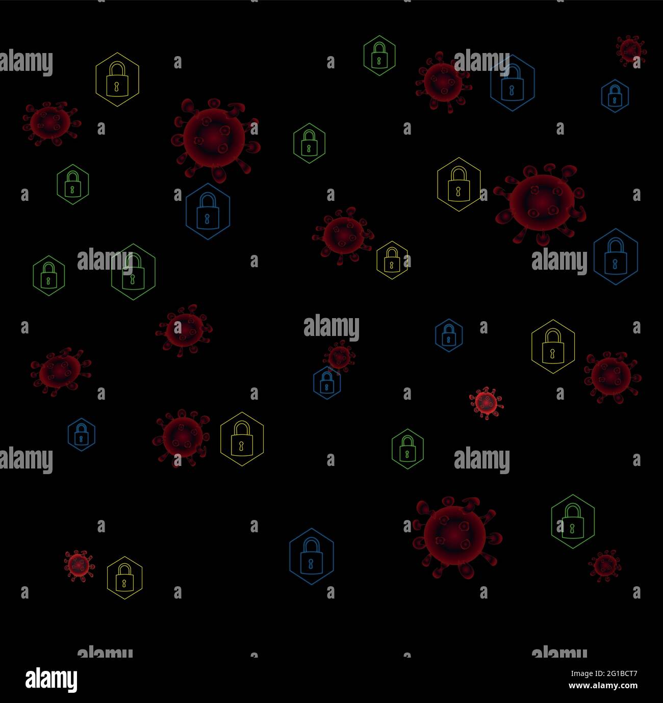Illustrazione vettoriale futuristica coronavirus covid-19 concetto di blocco pandemico con blocchi e cellule di virus diversi colori su fondo nero concetto sec Illustrazione Vettoriale