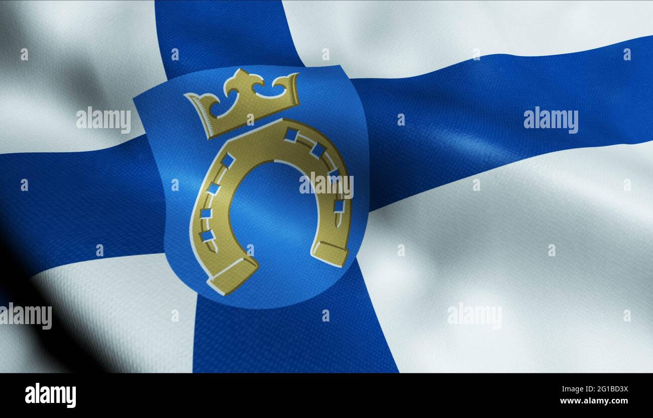 Illustrazione 3D di una bandiera sventolante della città finlandese di Espoo Foto Stock