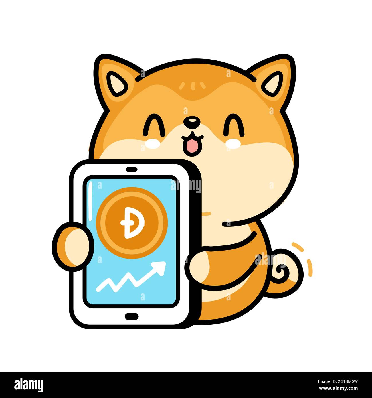 Simpatico cane divertente akita inu con Dogecoin in smartphone carattere. Vettore disegno a mano cartoon kawaii personaggio illustrazione. Isolato su sfondo bianco. Criptovaluta, dogecoina crescere doodle carattere Illustrazione Vettoriale