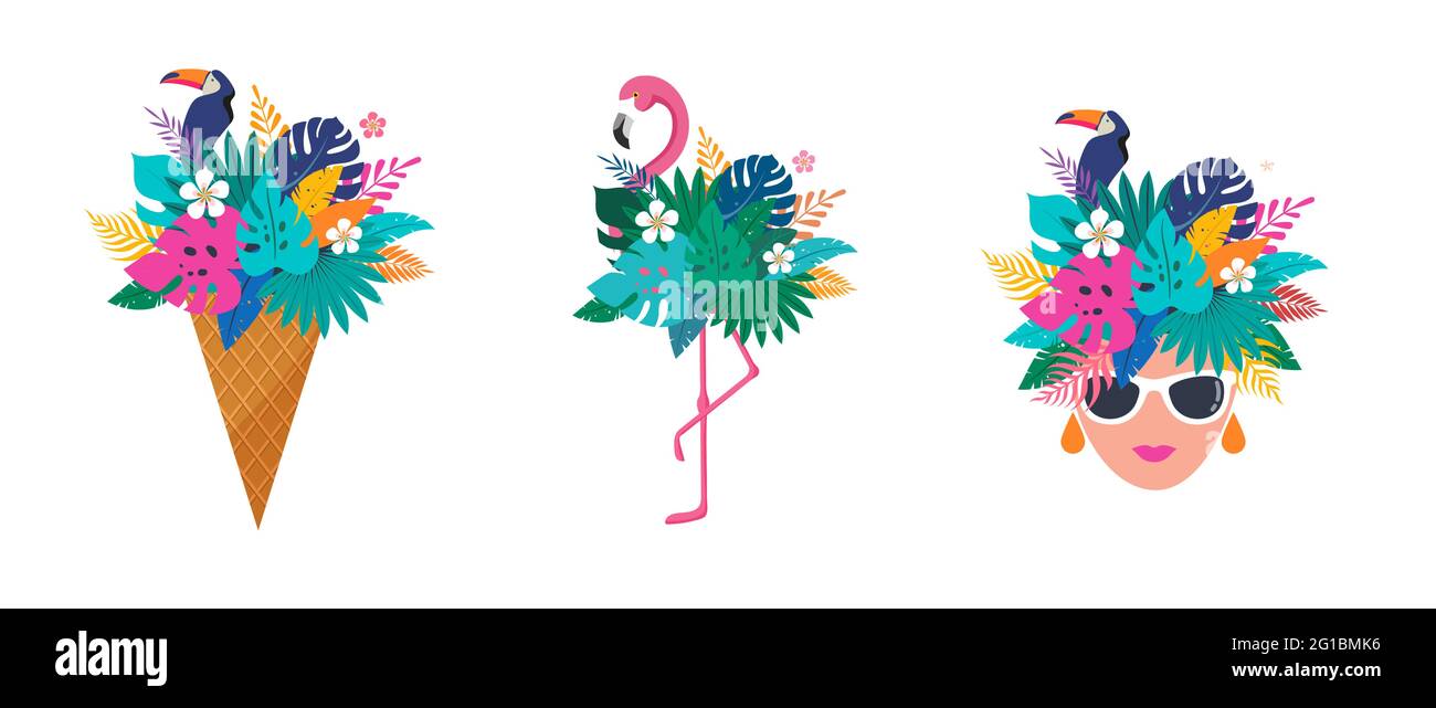 Scena estiva con cono gelato pieno di foglie esotiche della giungla, fenicotteri e testa della donna. Ciao estate concept illustrazione, sfondo e banner Illustrazione Vettoriale