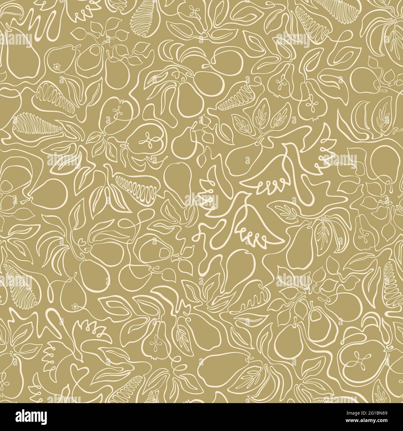 Design ispirato all'arte a linea continua: Forme organiche di pere, foglie e uccelli volanti. Le rilassanti tonalità neutre danno un richiamo amorevole alla natura. Illustrazione Vettoriale