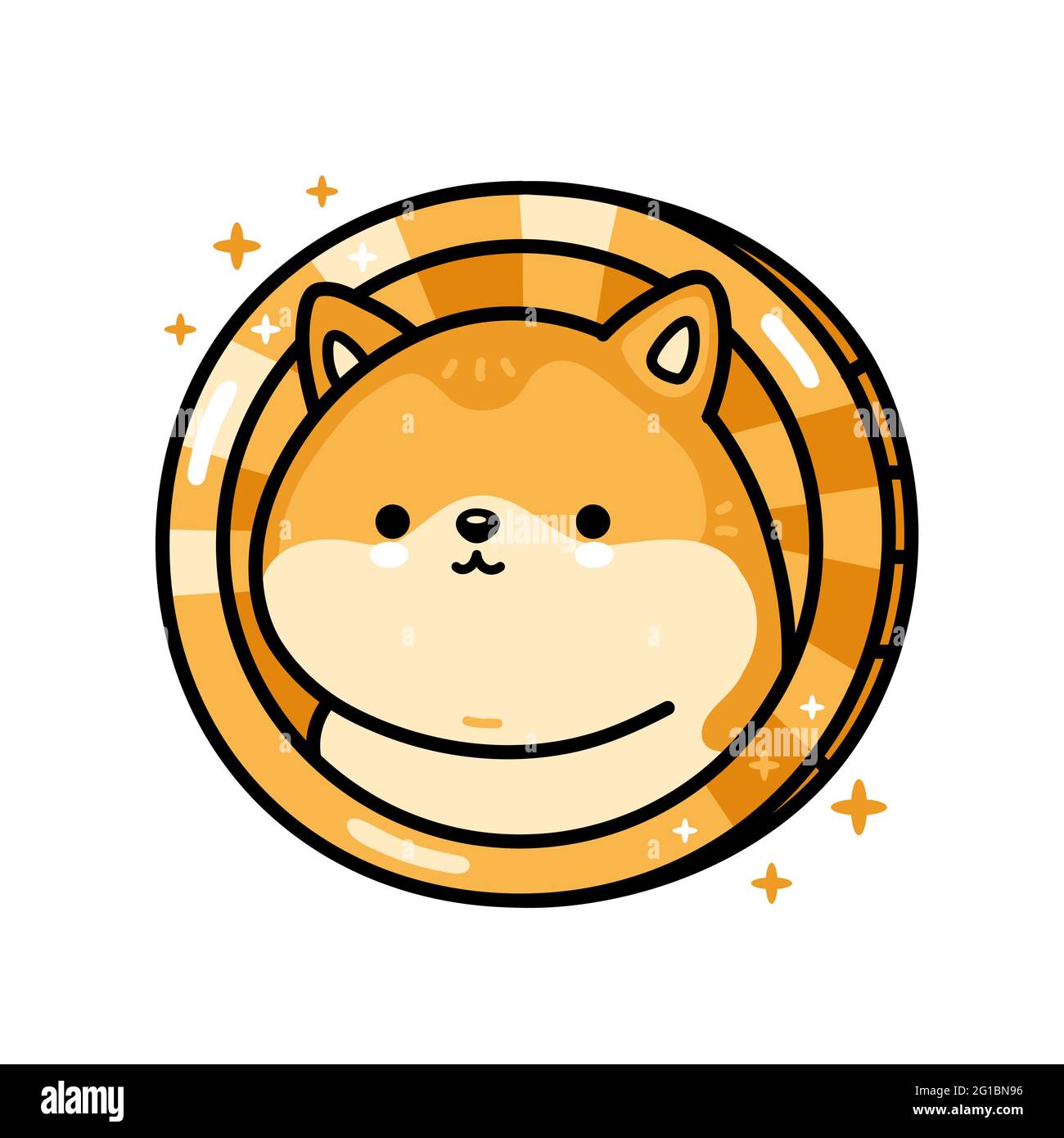 Carino simpatico personaggio gdogecoin divertente. Icona raffigurante il carattere kawaii del fumetto disegnato a mano del vettore. Isolato su sfondo bianco. Crypto finance, concetto di doodle dogecoin Illustrazione Vettoriale