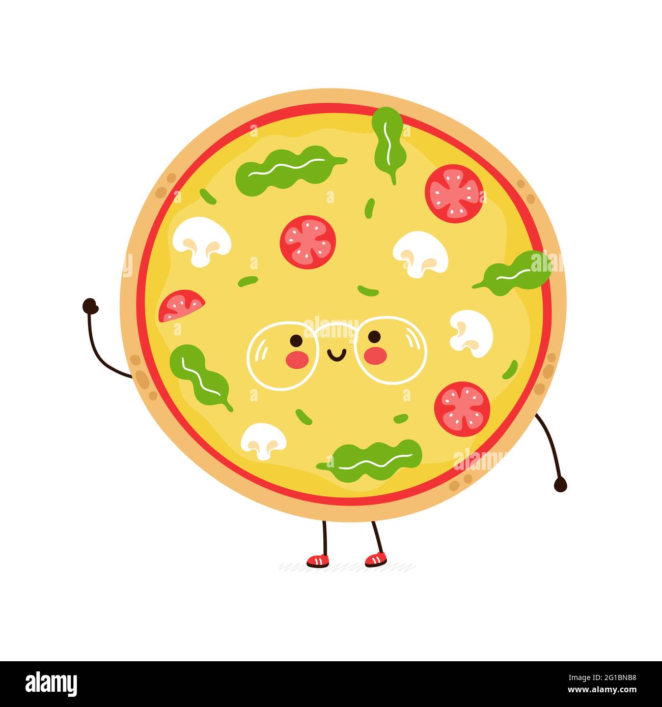 Carino pizza divertente in caratteri bicchieri. Icona raffigurante il carattere kawaii del fumetto disegnato a mano del vettore. Isolato su sfondo bianco. Concetto di carattere pizza Illustrazione Vettoriale