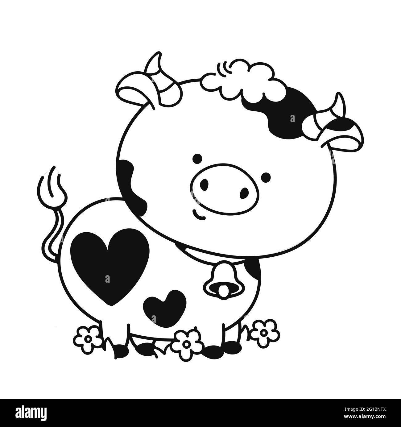 Carino mucca divertente. Icona dell'illustrazione cartoon disegnata a mano dal vettore. Isolato su sfondo bianco. Concetto di pagina di libro di colorazione animale della mucca Illustrazione Vettoriale